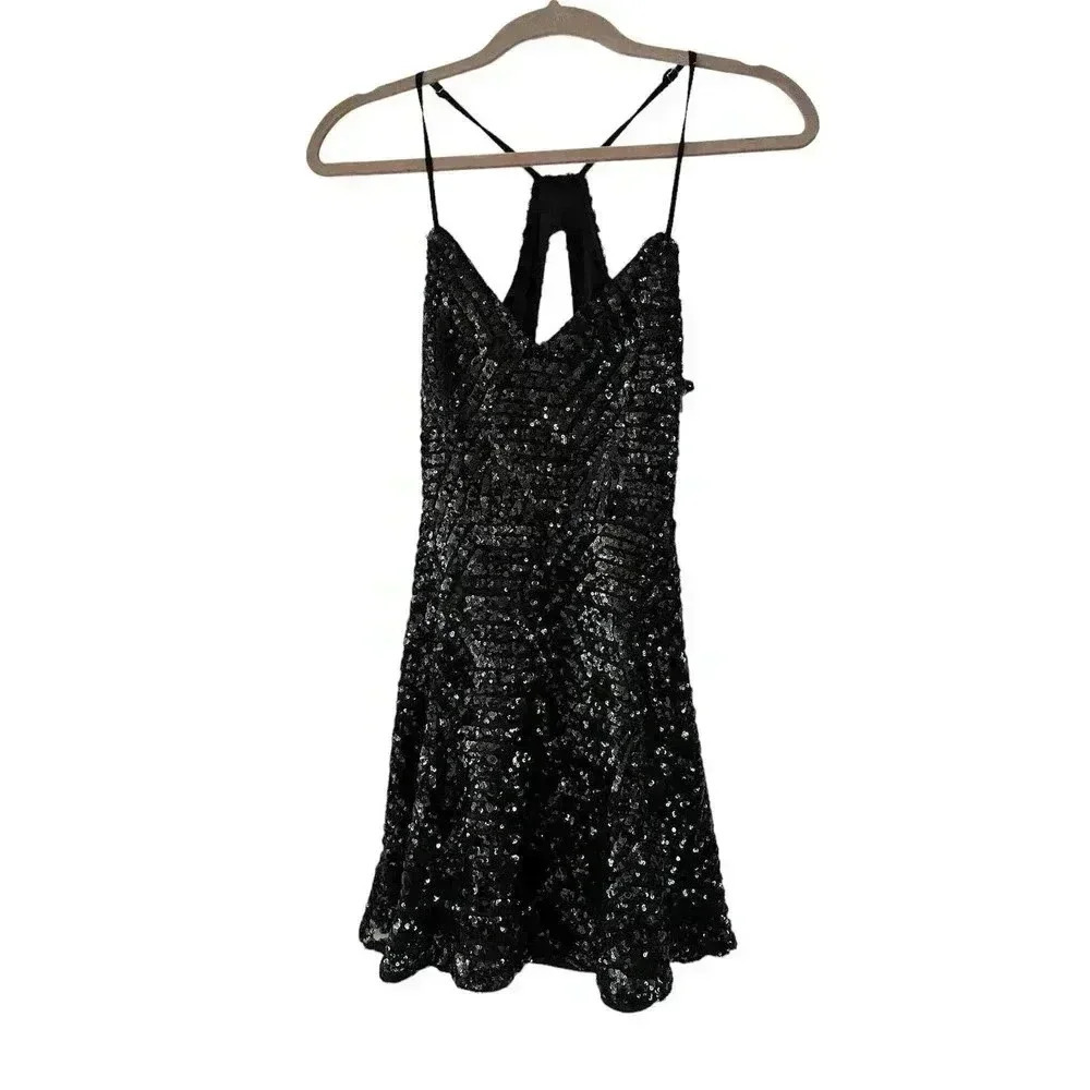 Lulus Serenade in The Night Black Sequin Skater Mini Dress Size XS